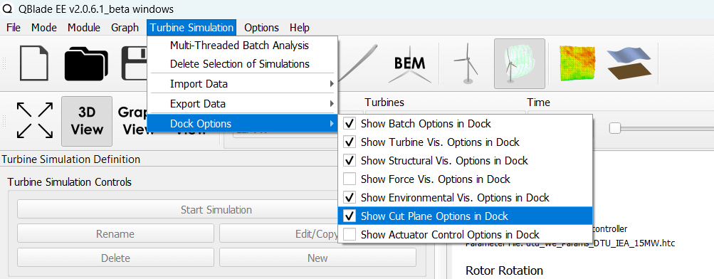 The cut-plane option in the *Dock Options* menu of the *Simulation Module*.