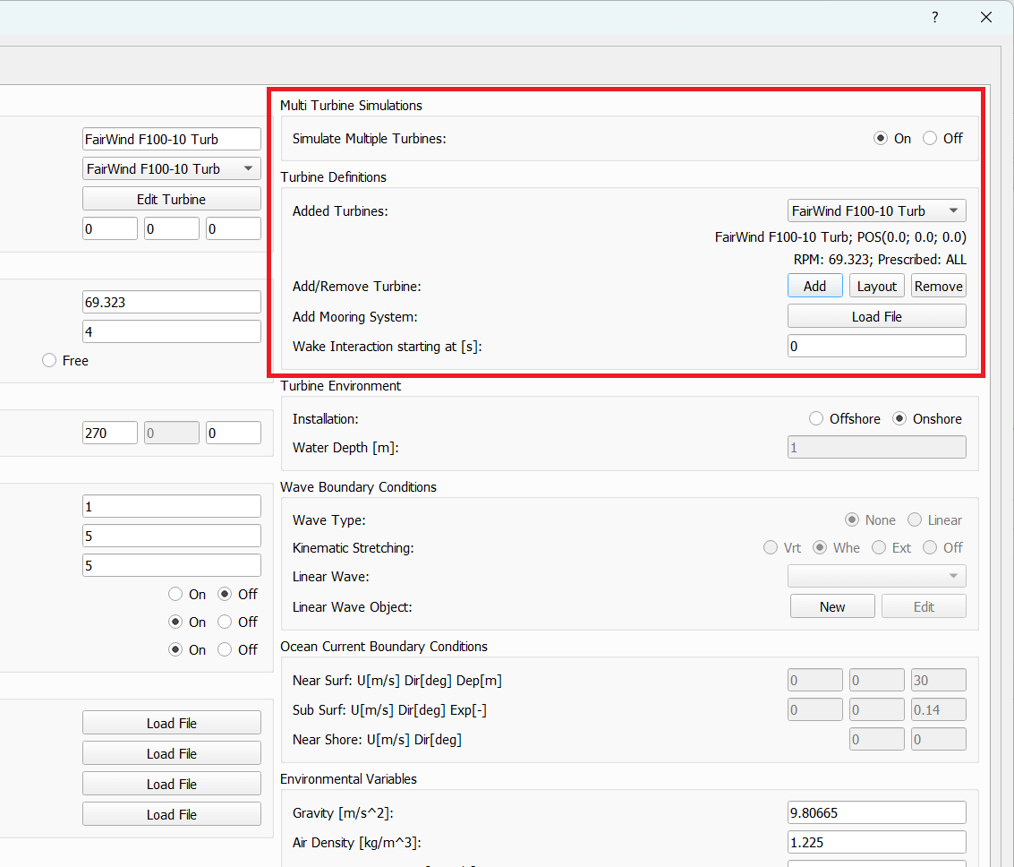 The multi turbine section in the simulation definition dialog.