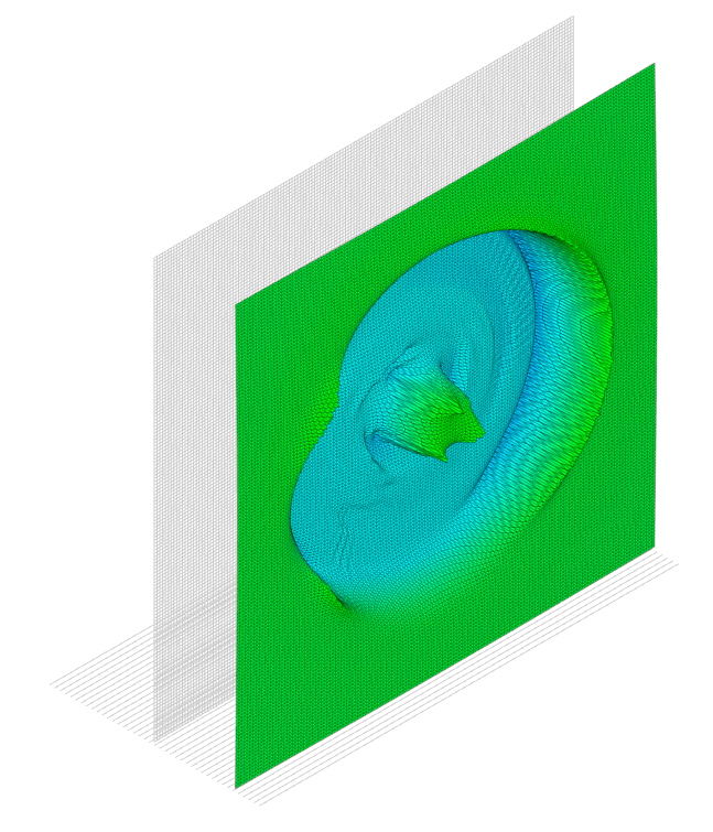 A sampled wind field showing the wake deficit behind the rotor of a wind turbine